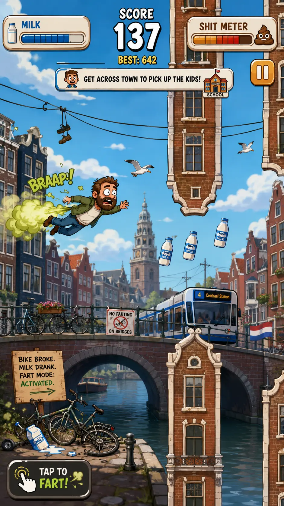 Concept art of the Lactok game screen: a bearded dad in mid-air over an Amsterdam canal, a green fart cloud behind him and a BRAAP! above it, flying past gabled canal houses, a tram, seagulls and floating milk bottles. A milk meter, the score and a shit meter run across the top, a sign on the quay reads bike broke, milk drank, fart mode activated, and a Tap to fart button sits at the bottom.